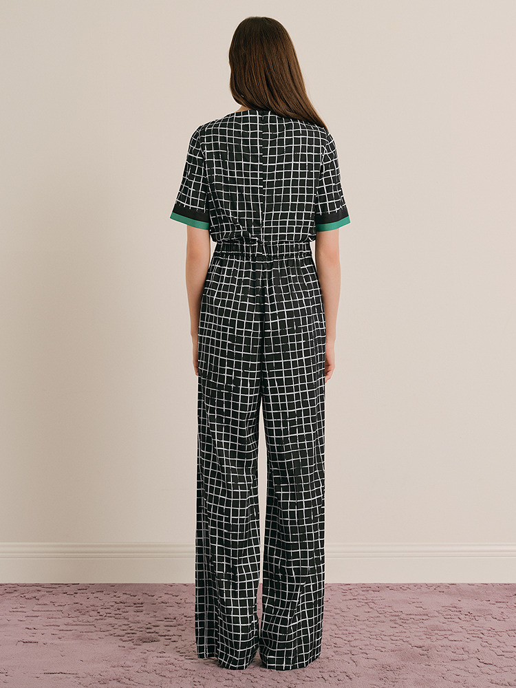 OBBLIGATO奥丽嘉朵专选2025夏季新品一字领格纹印花桑蚕丝连体裤1C65202230