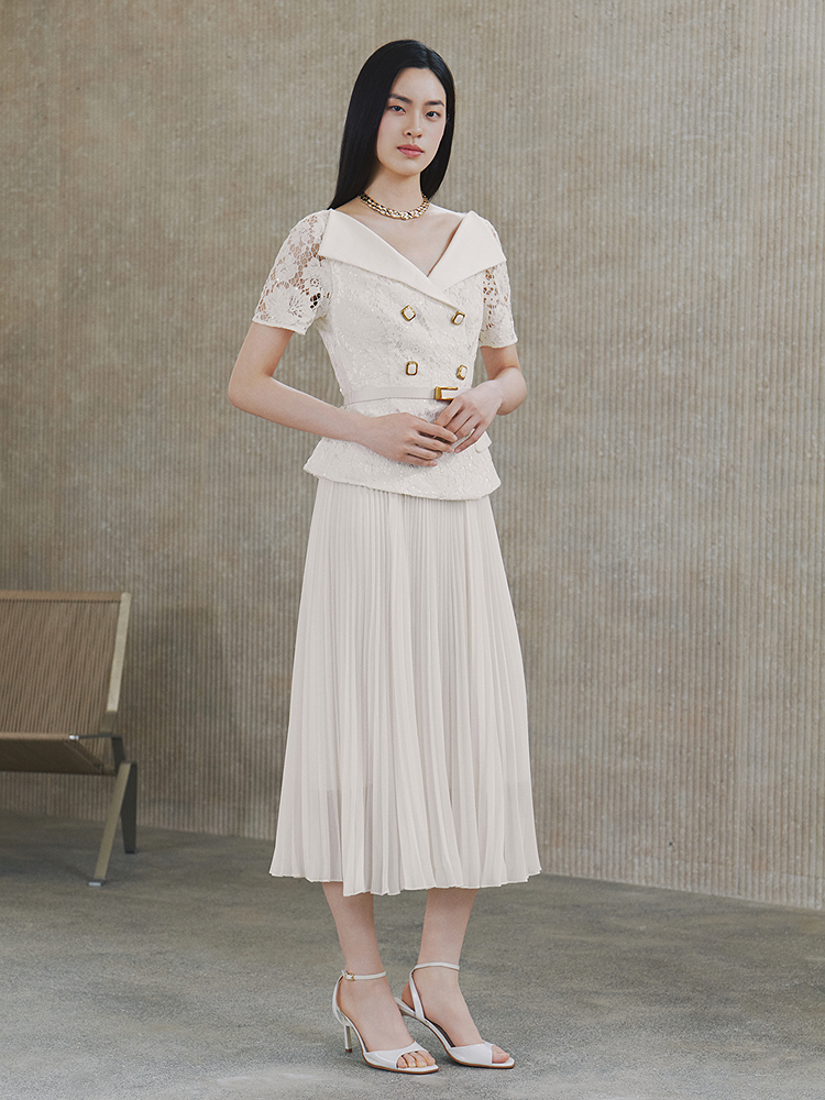 OBBLIGATO奥丽嘉朵2026夏季新款蕾丝拼接收腰气质百褶连衣裙1C66205400