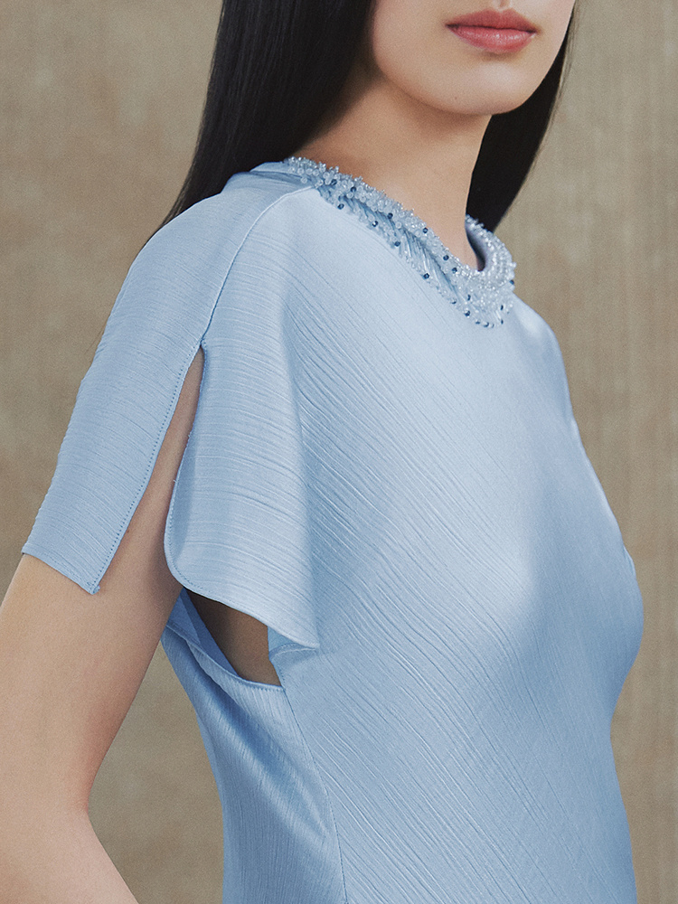 OBBLIGATO奥丽嘉朵2026夏季圆领钉珠收腰不对称下摆压褶女上衣1C36270180