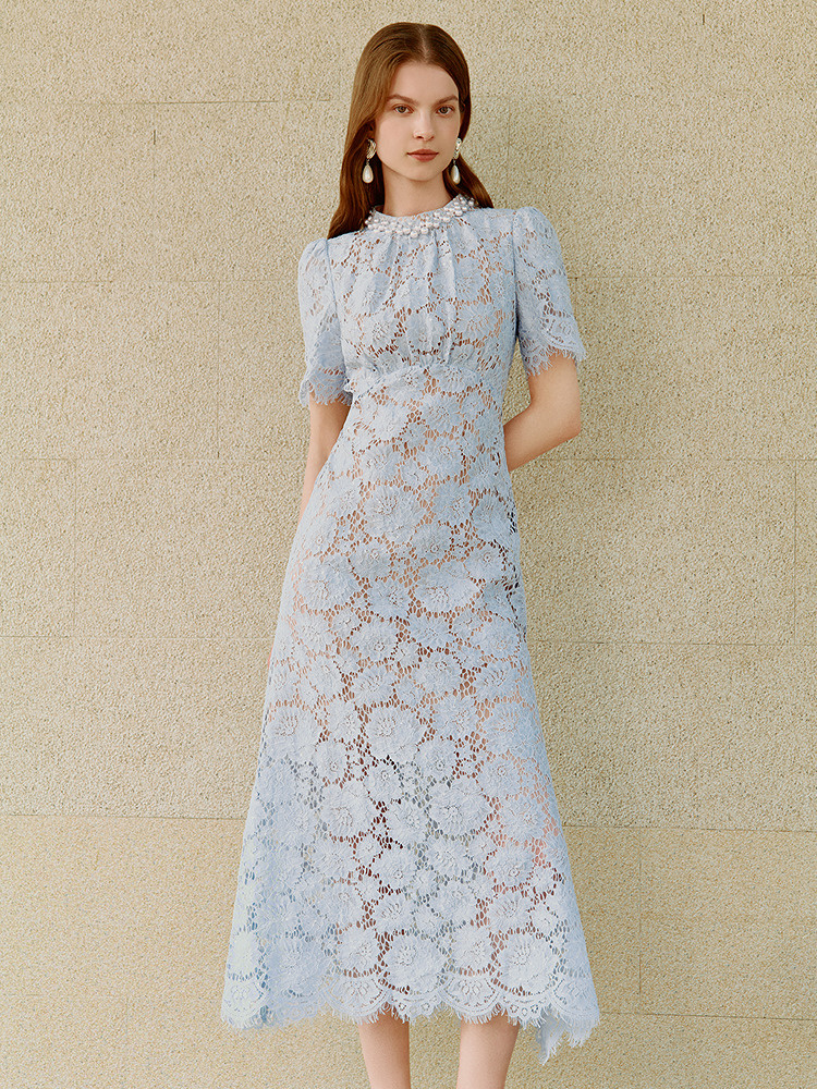 OBBLIGATO奥丽嘉朵2026夏季新款蕾丝钩花镂空珍珠领收腰连衣裙1C66205340