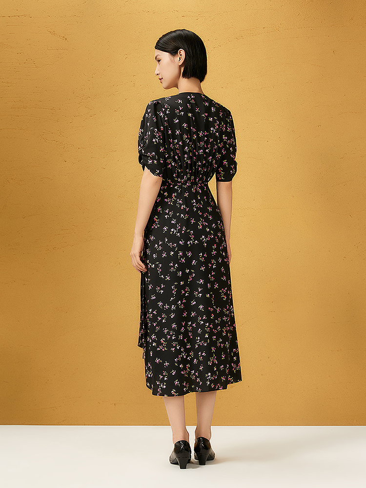 Song of Song歌中歌2025黑色小碎花满印桑蚕丝经典茶歇裙5C65205098