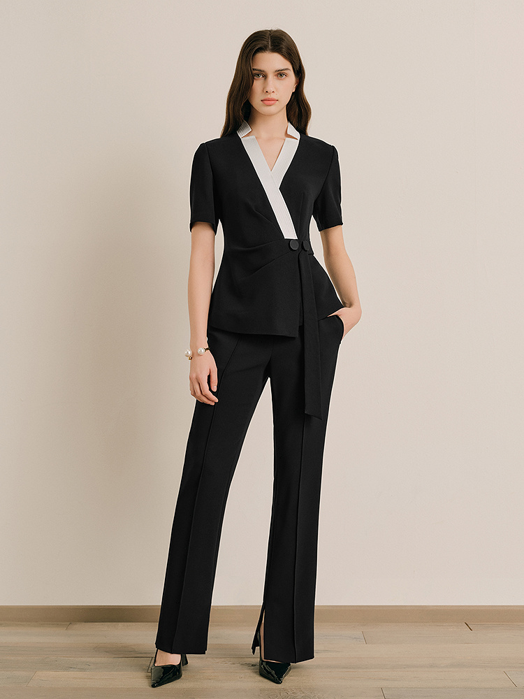 OBBLIGATO奥丽嘉朵专选2025夏季新品V领撞色压褶飘带收腰上衣1C65270030