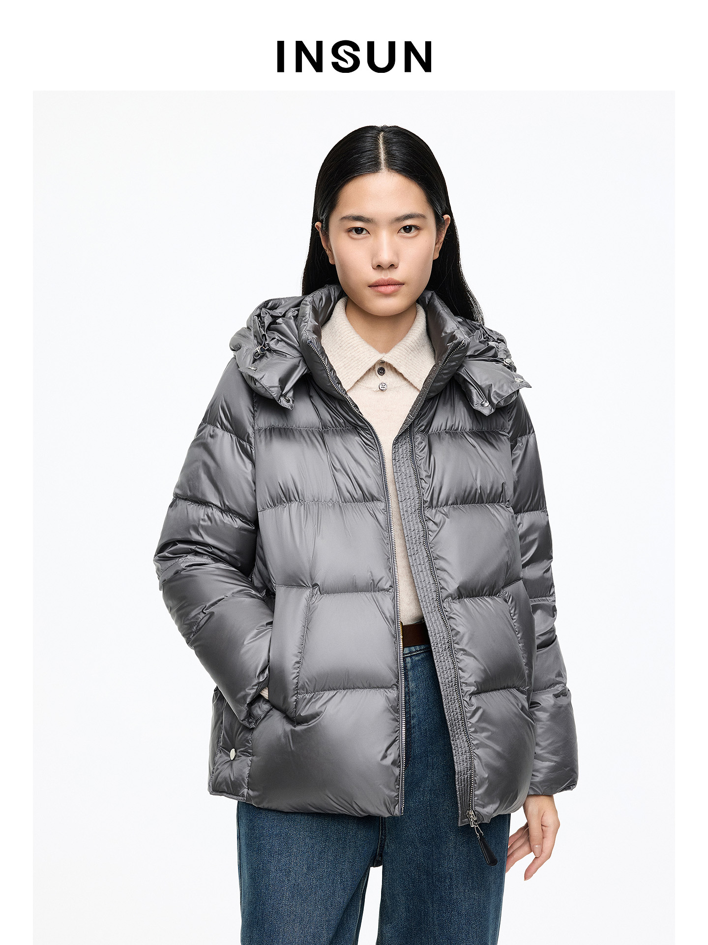 INSUN恩裳专选2026春季云朵泡芙可拆卸帽子短款羽绒服9C66108610