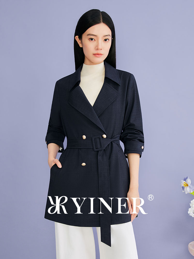 【刘涛同款】YINER音儿2026秋季新款翻领羊毛混纺收腰风衣外套8C36307100