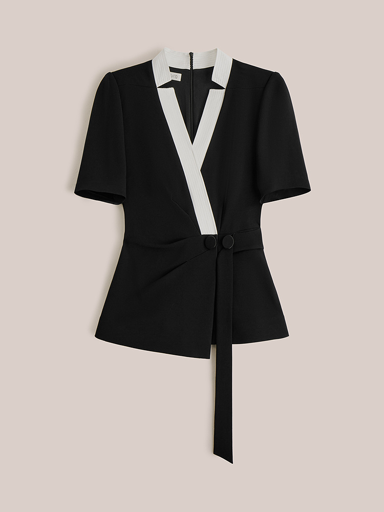 OBBLIGATO奥丽嘉朵专选2025夏季新品V领撞色压褶飘带收腰上衣1C65270030