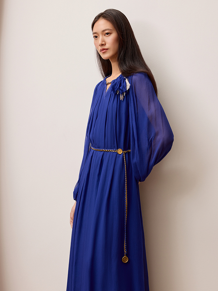 OBBLIGATO奥丽嘉朵专选2025秋季新品桑蚕丝花朵浓郁蓝修身连衣裙1C65305250