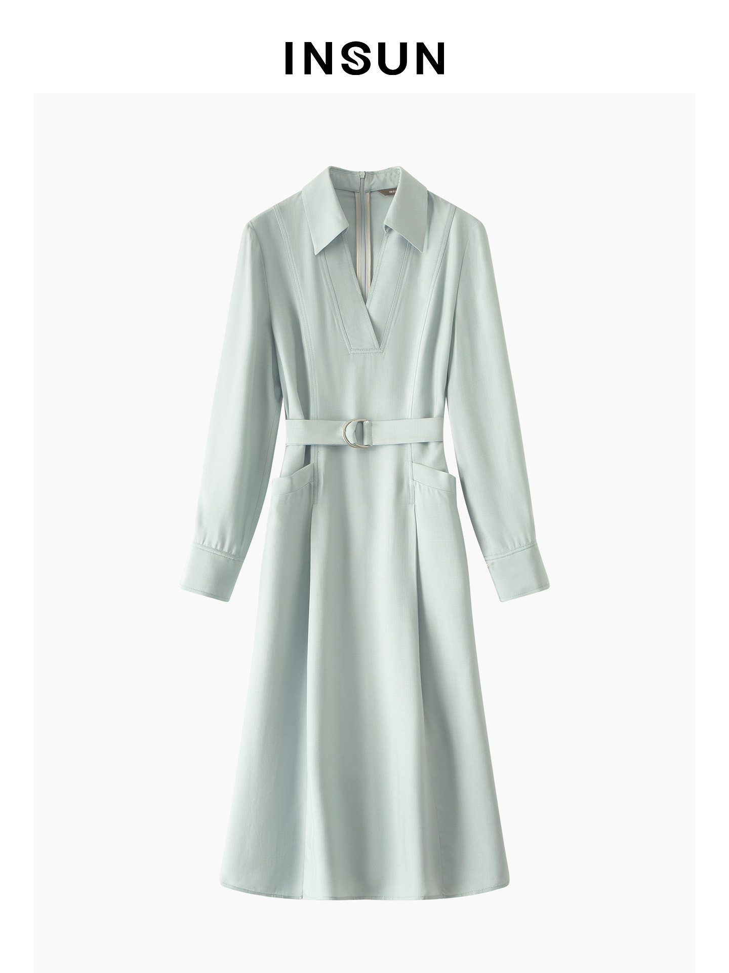 INSUN恩裳专选2026春季衬衫式V领醋酸长袖连衣裙9C66105050