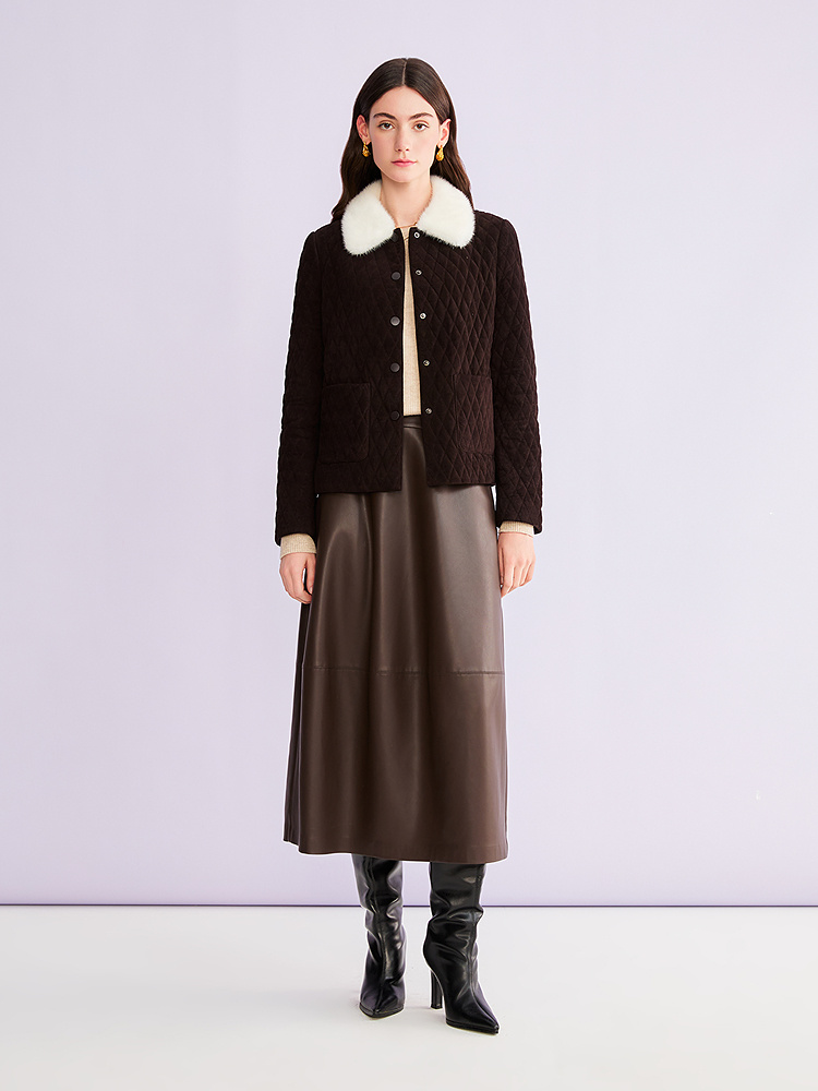 YINER音儿专选2026春季新款水貂毛皮翻领绵羊毛骆驼绒混纺皮棉服8C66109156