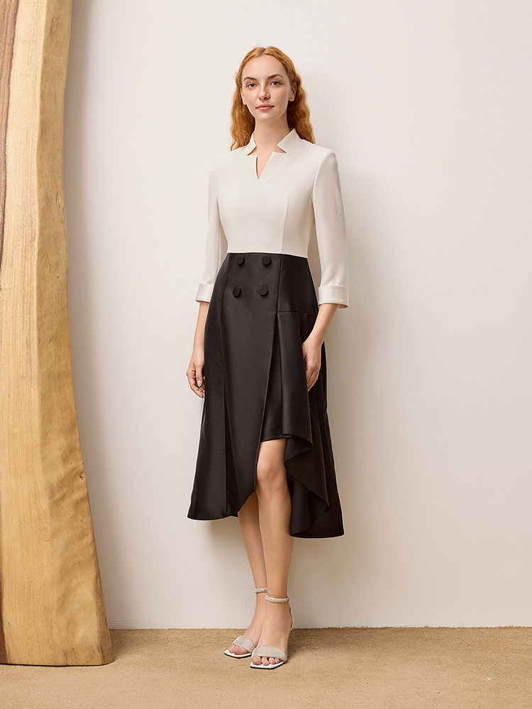 OBBLIGATO奥丽嘉朵专选2025秋季新品撞色黑白拼接捏褶收腰连衣裙1C65305740