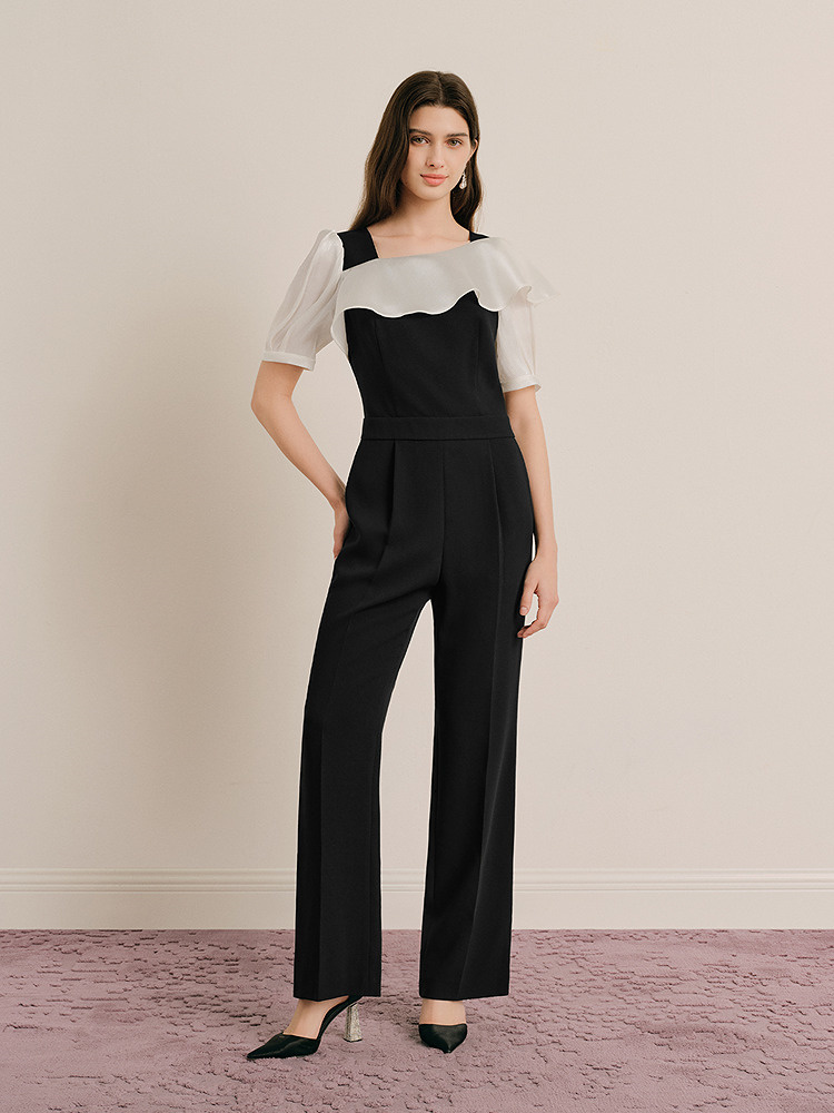 OBBLIGATO奥丽嘉朵专选2025夏季新品撞色荷叶领一字肩高腰连体裤1C65302070
