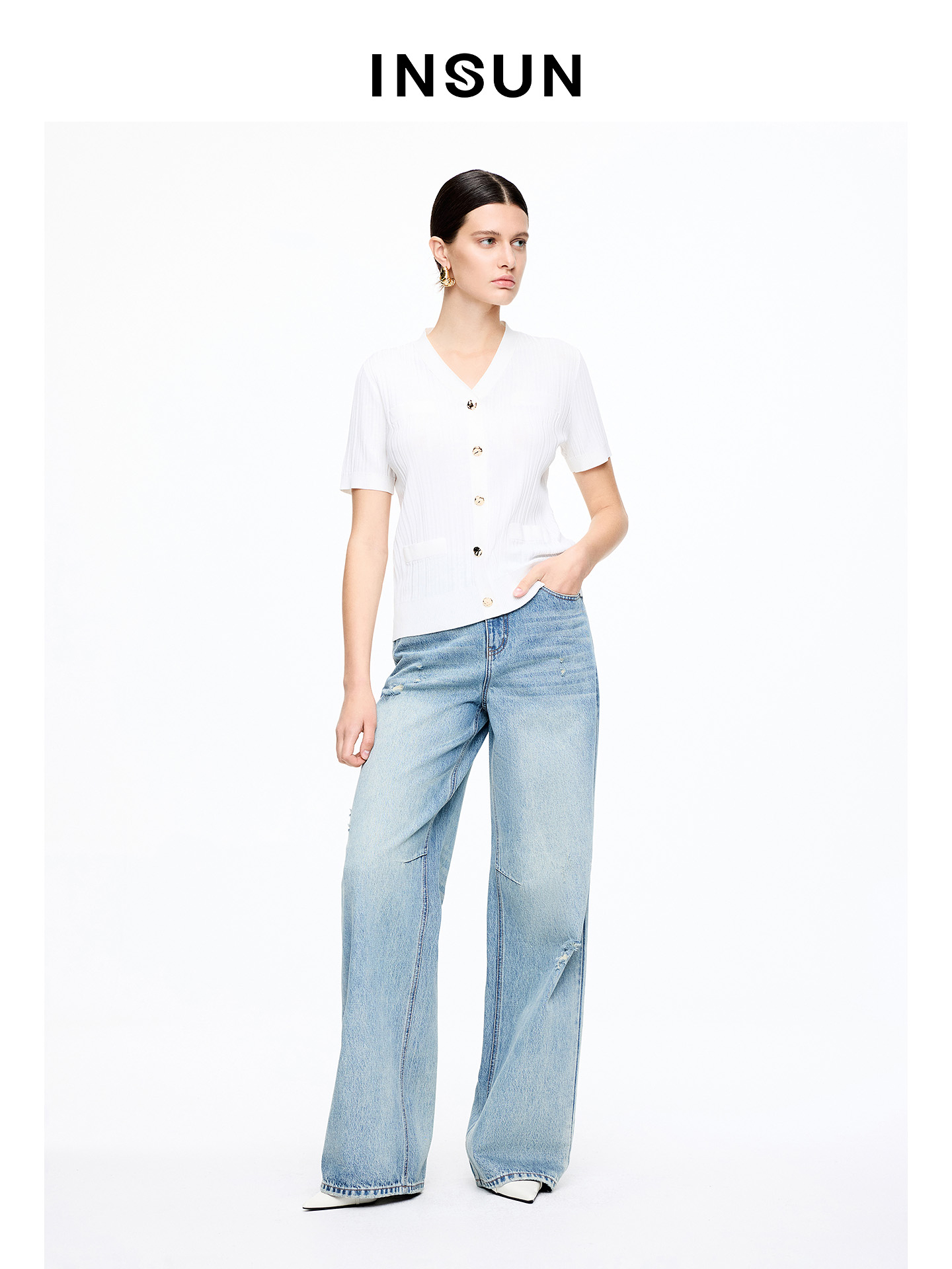 INSUN恩裳专选2026夏季V领小香风显瘦短袖针织衫9C66206070