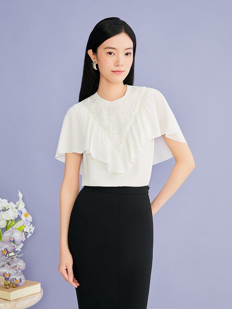 YINER音儿专选2026夏季新款优雅宫廷风钉珠拼接蕾丝斗篷飞袖上衣8C66270026
