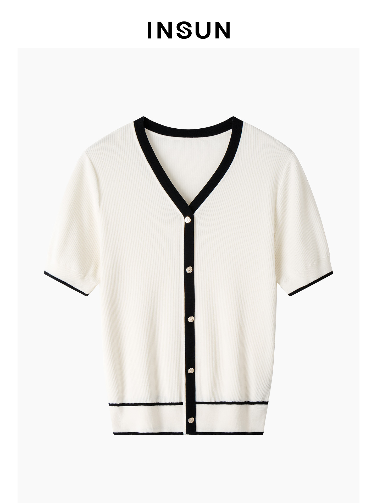 INSUN恩裳专选2026夏季V领显瘦肌理感醋纤短袖针织衫9C66206100