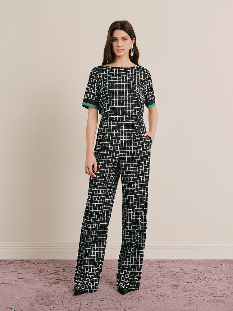 OBBLIGATO奥丽嘉朵专选2025夏季新品一字领格纹印花桑蚕丝连体裤1C65202230