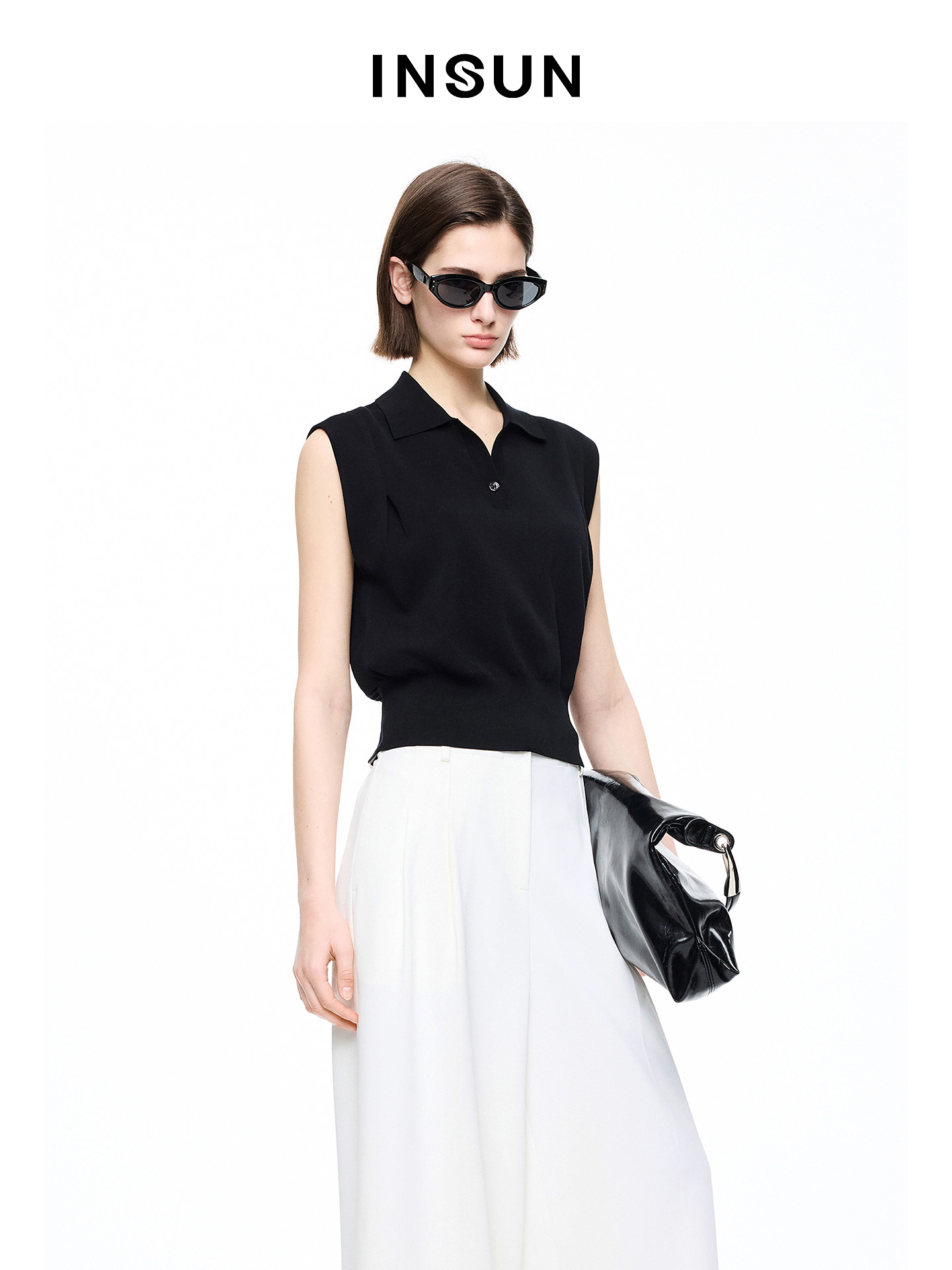 INSUN恩裳专选2026夏季休闲微落肩POLO领醋酸棉针织衫9C66206140