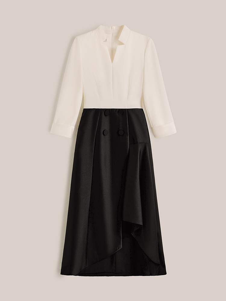 OBBLIGATO奥丽嘉朵专选2025秋季新品撞色黑白拼接捏褶收腰连衣裙1C65305740