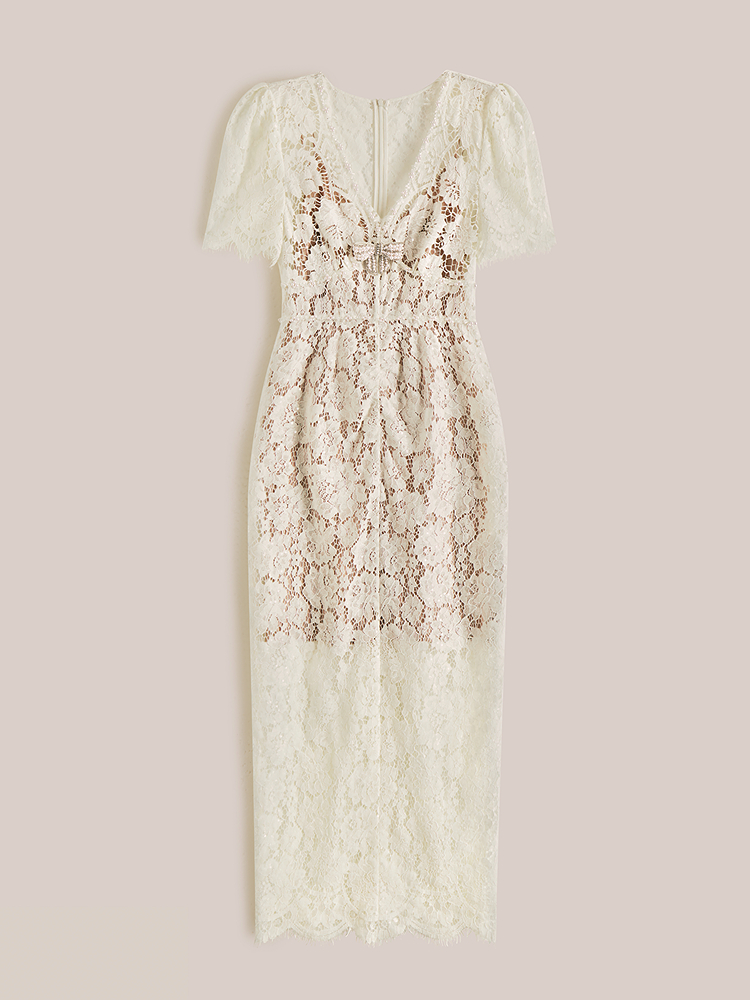 OBBLIGATO奥丽嘉朵2026夏季新款蕾丝镂空V领钉珠收腰中长款连衣裙1C66205310