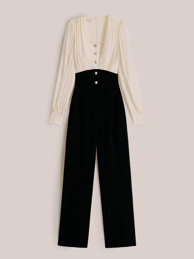 OBBLIGATO奥丽嘉朵2024春季金标黑色流光纱方领撞色连体服1C34102520