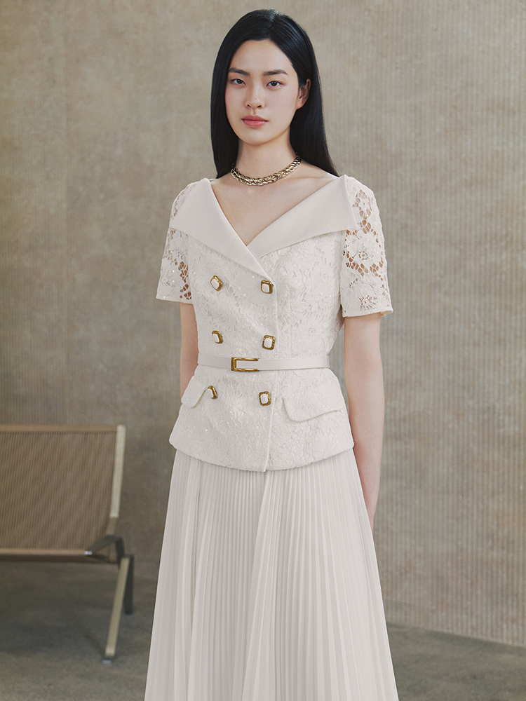 OBBLIGATO奥丽嘉朵2026夏季新款蕾丝拼接收腰气质百褶连衣裙1C66205400