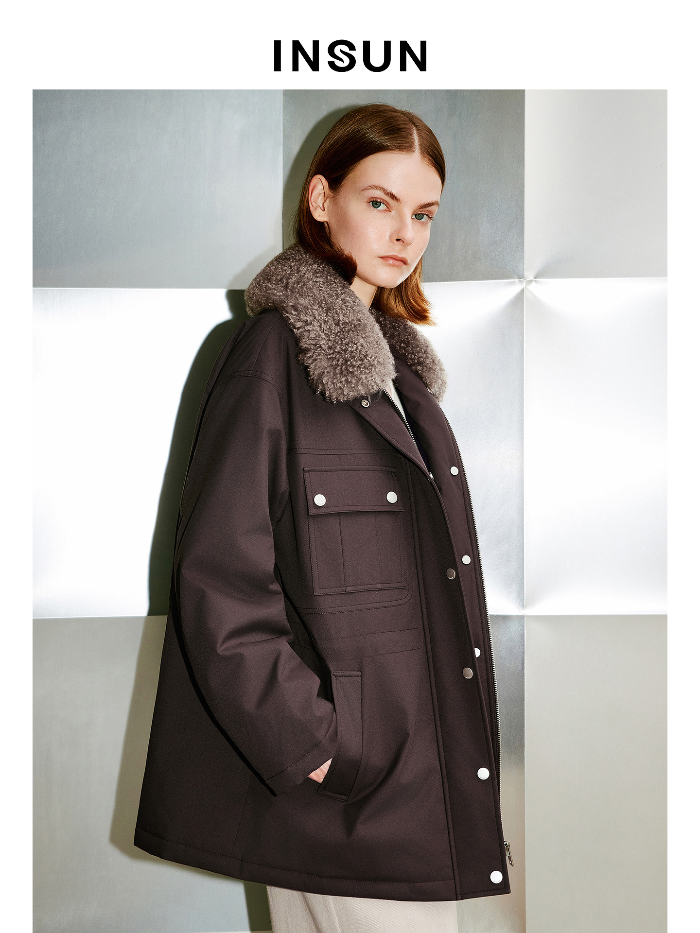 INSUN恩裳专选2026春季可拆卸羊毛革毛领鹅绒派克羽绒服9C66108530