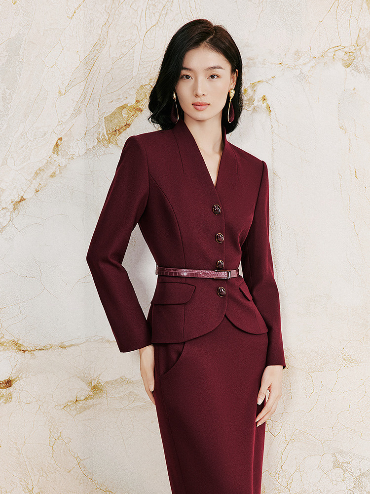 OBBLIGATO奥丽嘉朵2026秋冬季新款100%羊毛酒红色优雅V领西装外套1C66510020