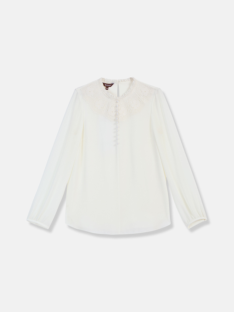 YINER音儿专选2026春季新款时尚通勤OL优雅拼接花边立领衬衫上衣8C66170016