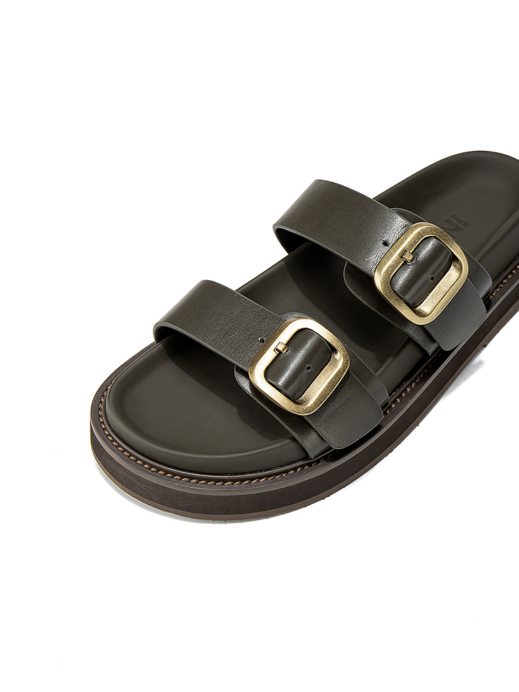 INSUN恩裳2025夏季复古休闲金属扣厚底凉拖9C35292050