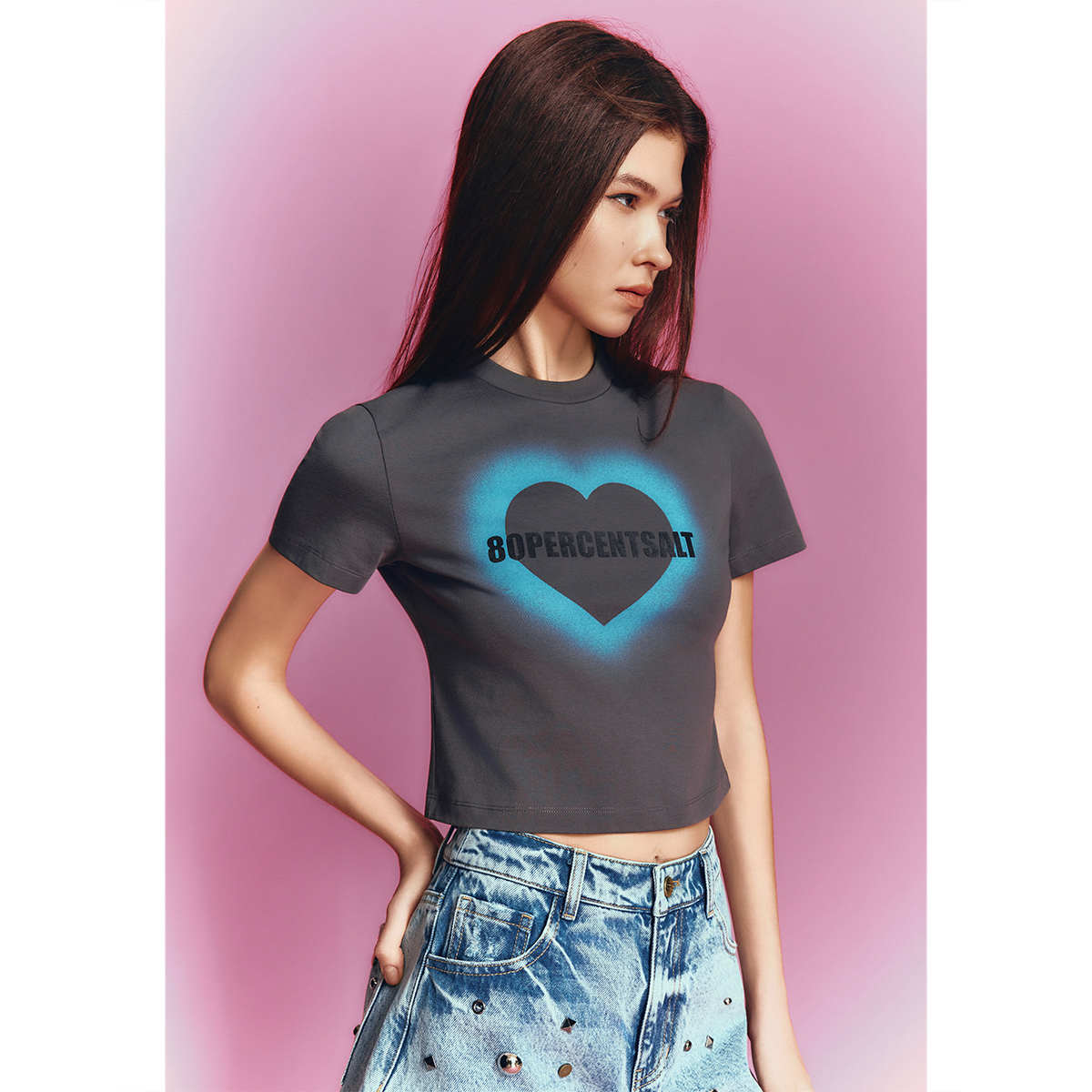SALT.P可颜 2026夏季新款碳灰渐变爱心短款T恤AC36260040