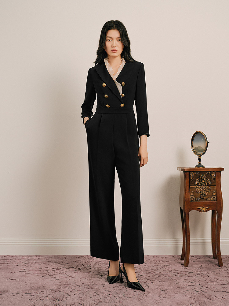 OBBLIGATO奥丽嘉朵2025春季金标黑色荷叶边领口狮子元素中古扣连体裤1C35102080