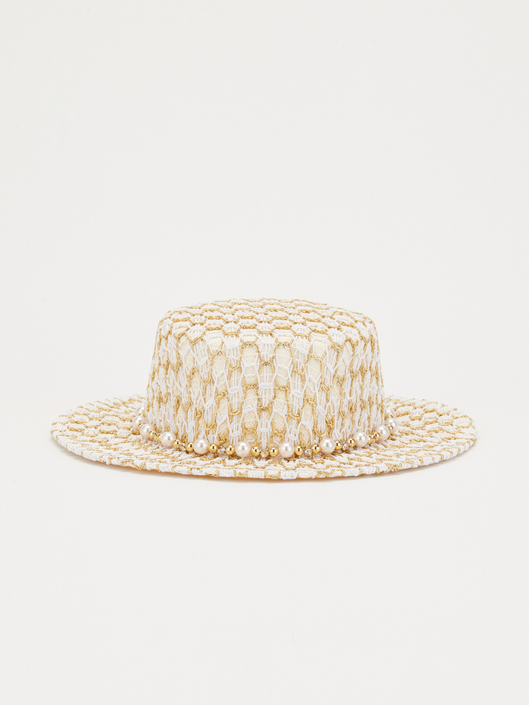 SongofSong歌中歌2024夏季金白编织宽檐礼帽帽子5C34293010
