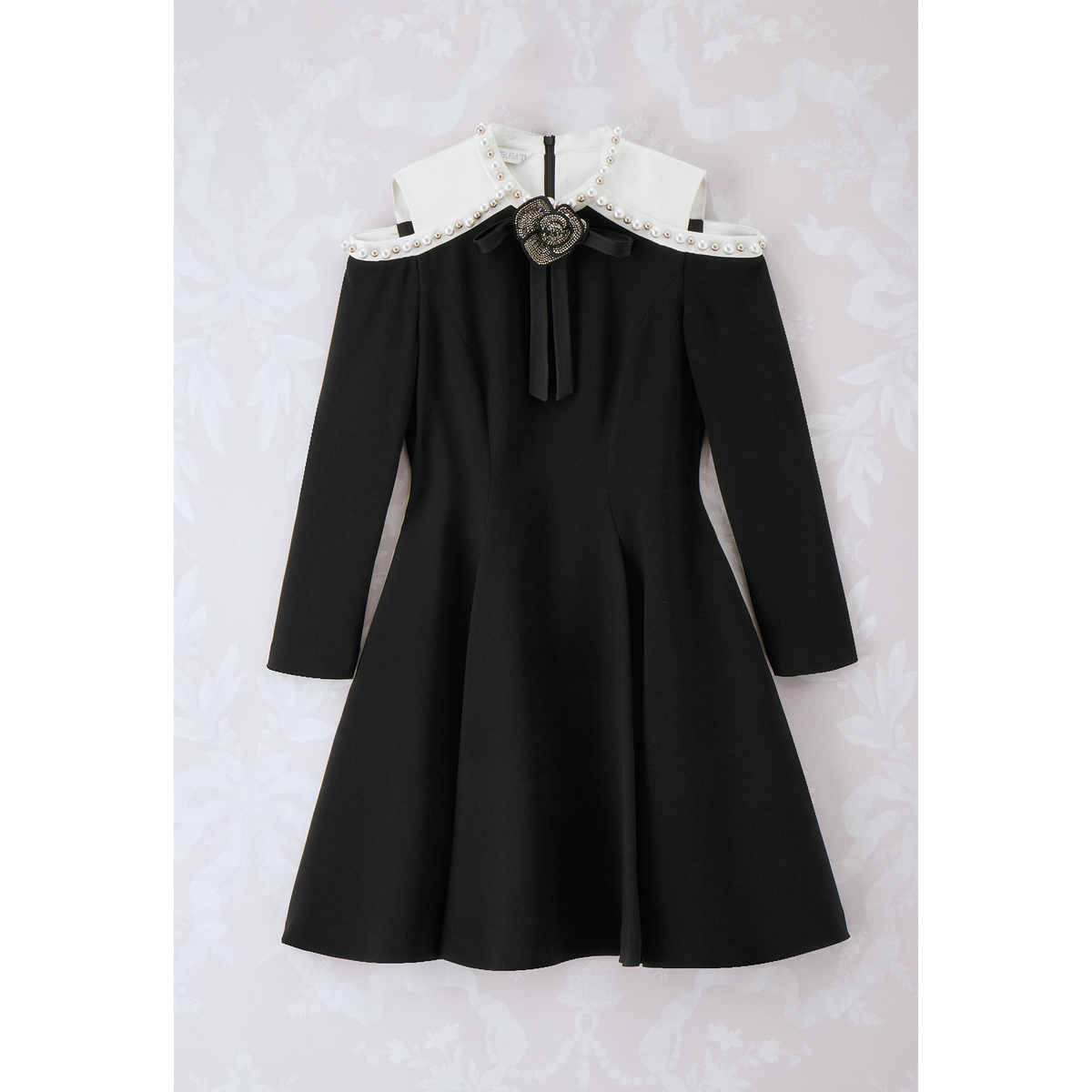 OBBLIGATO奥丽嘉朵2023春季金标黑色烫钻玫瑰领结钉珠三醋酸连衣裙1C33105700