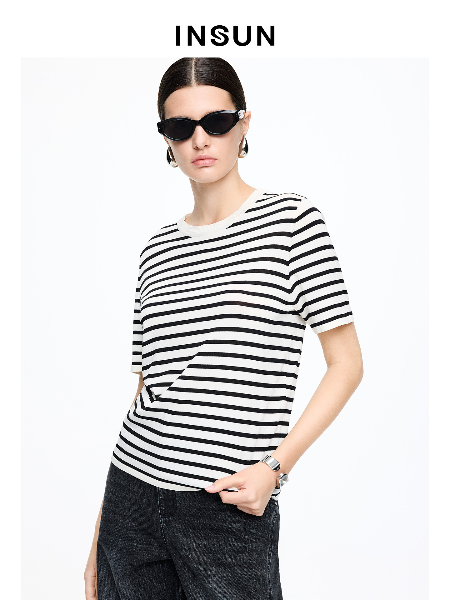 INSUN恩裳专选2026夏季落肩袖型百搭条纹短袖T恤9C66206040