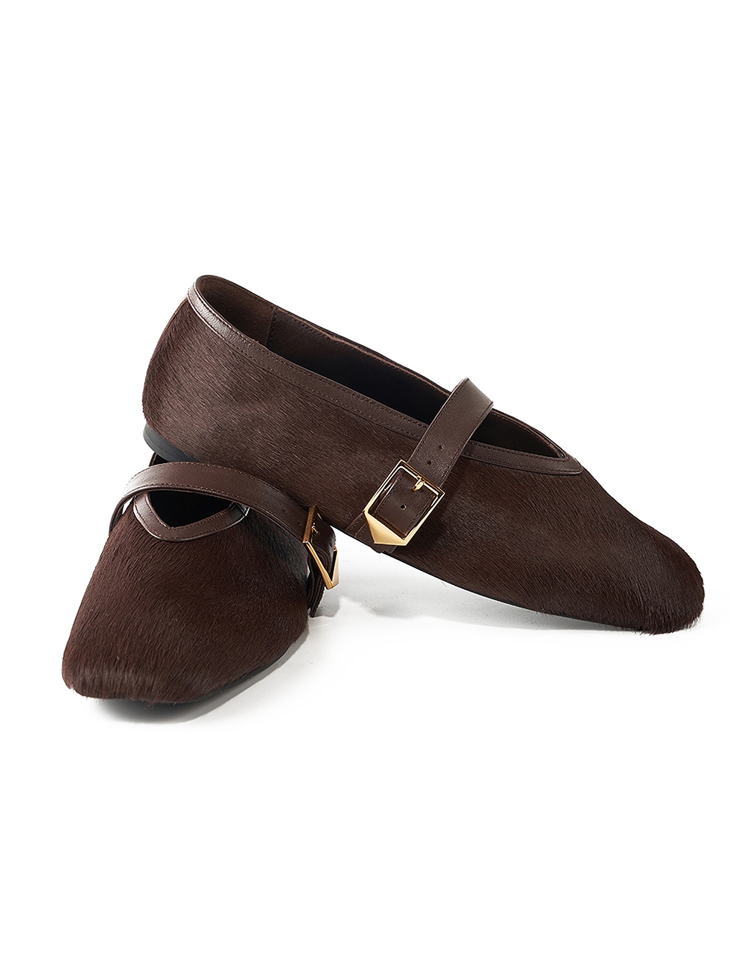 COVERINS2026新款深咖色马毛真皮平底单鞋女芭蕾舞鞋CC36192010