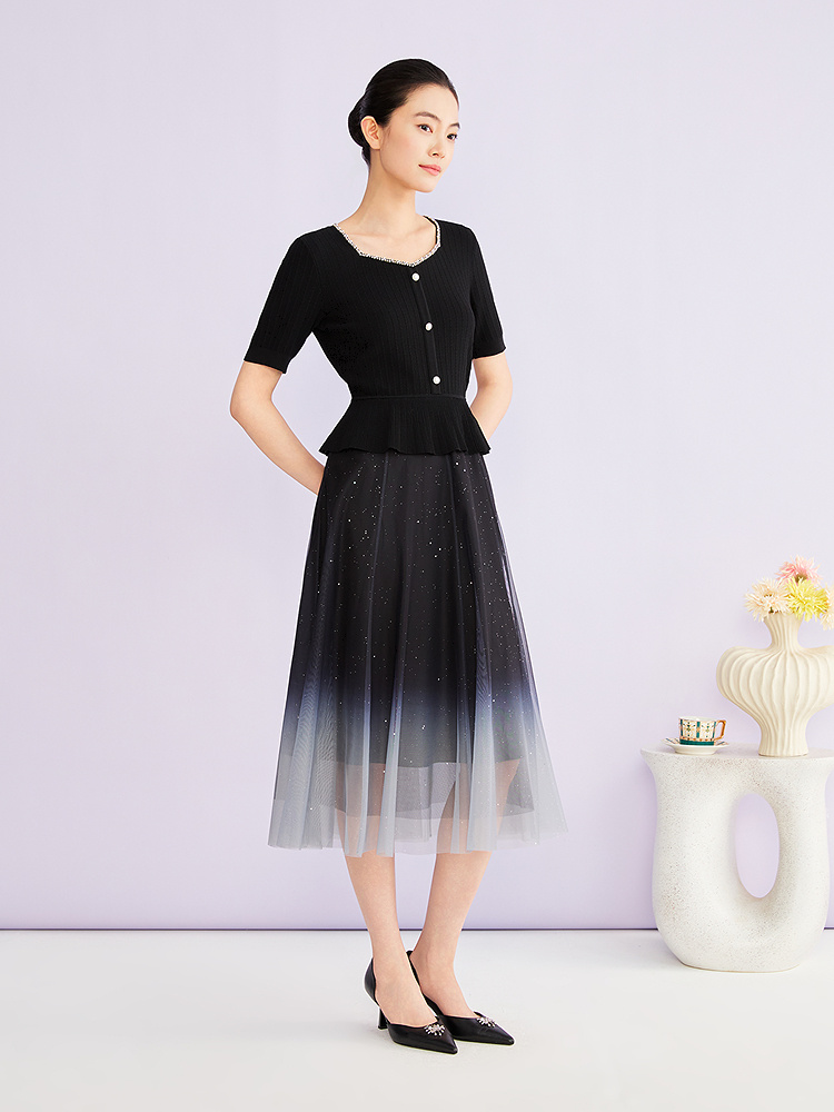 YINER音儿专选2026夏季新款优雅渐变印花烫钻针织拼接网纱连衣裙8C66206306