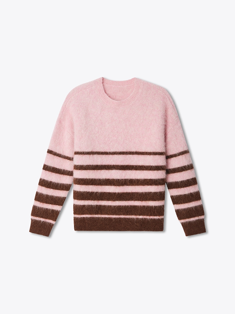 ToyzY24春软糯拉绒羊驼毛粉色条纹毛衣7C54106120