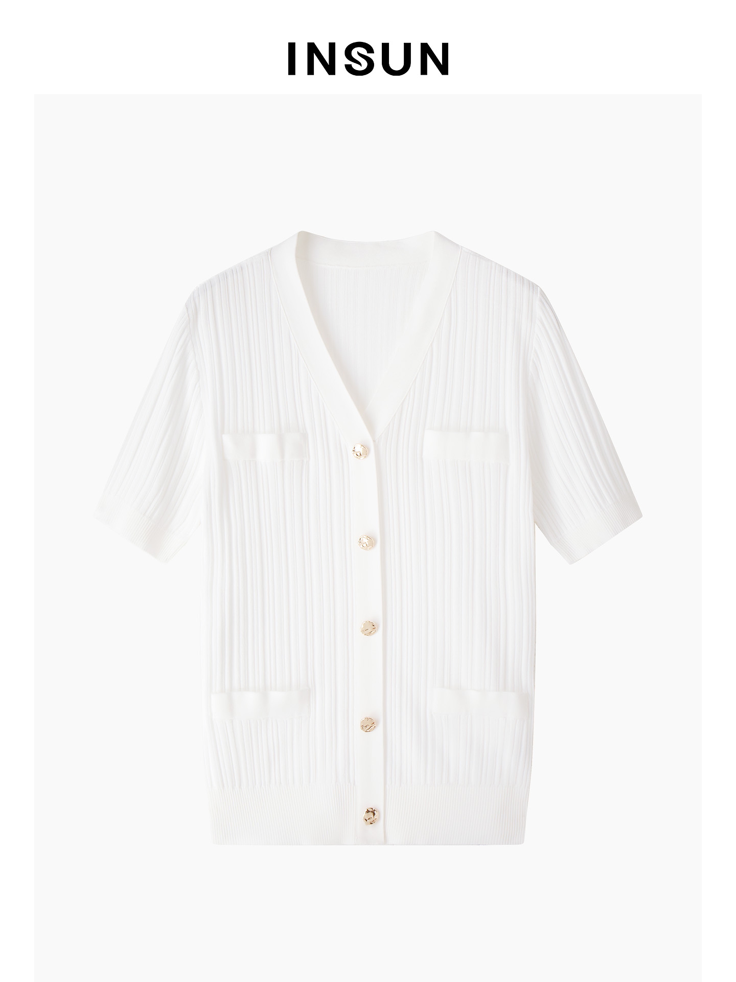 INSUN恩裳专选2026夏季V领小香风显瘦短袖针织衫9C66206070
