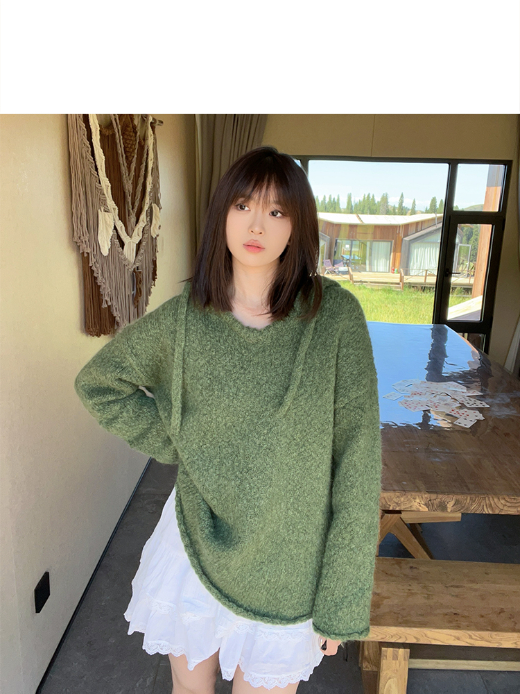 ToyzY24春慵懒蓬松绿色羊驼毛连帽毛衣7C54106240