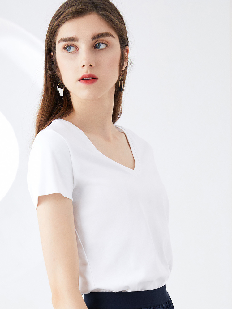 （已下架转渠道销售，勿拍）2019夏季v领短袖弹力修身短款时尚简约休闲纯棉T恤女