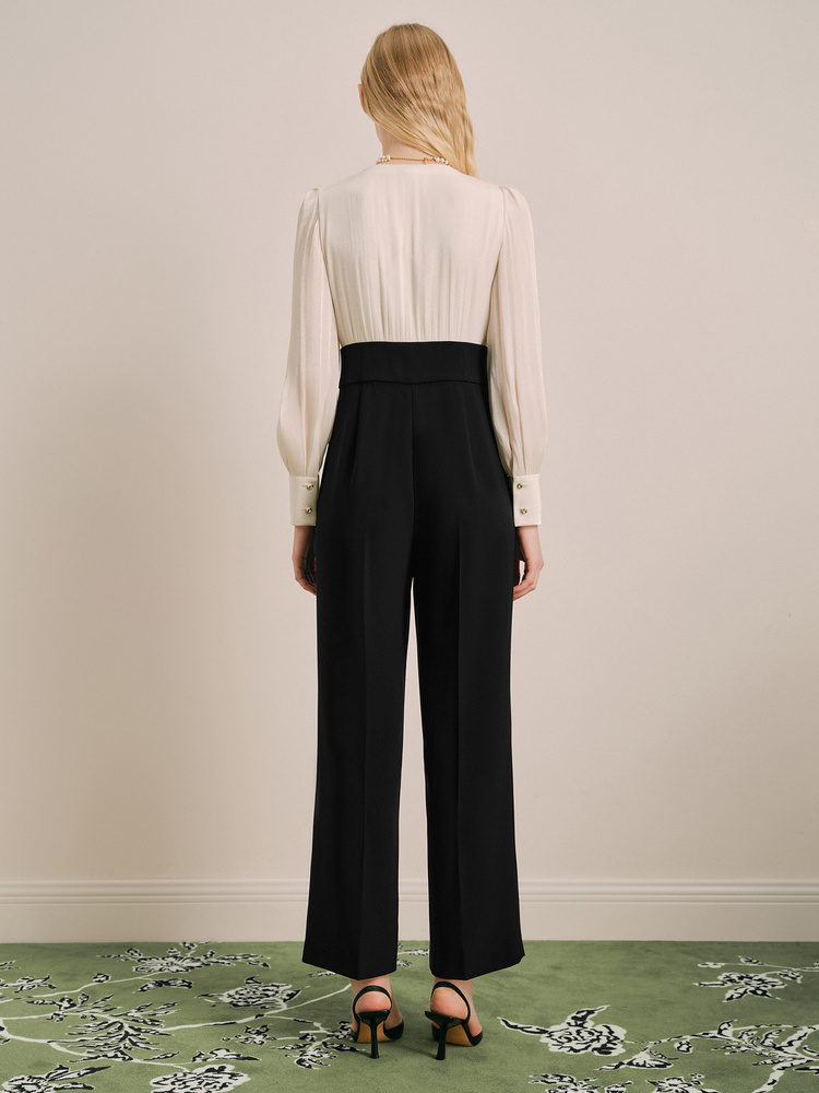 OBBLIGATO奥丽嘉朵2024春季金标黑色流光纱方领撞色连体服1C34102520