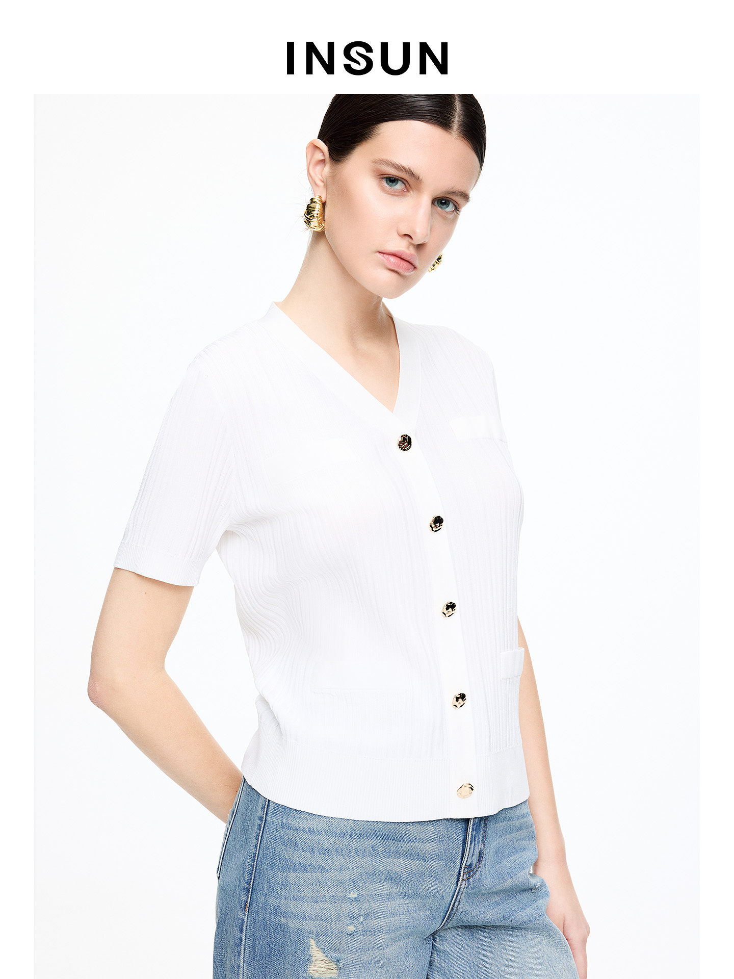 INSUN恩裳专选2026夏季V领小香风显瘦短袖针织衫9C66206070
