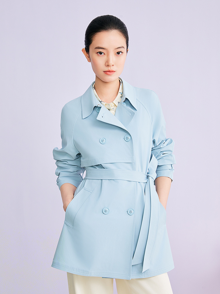 YINER音儿2026春季新款时尚优雅翻领双排扣中长款四面弹风衣外套8C36107070