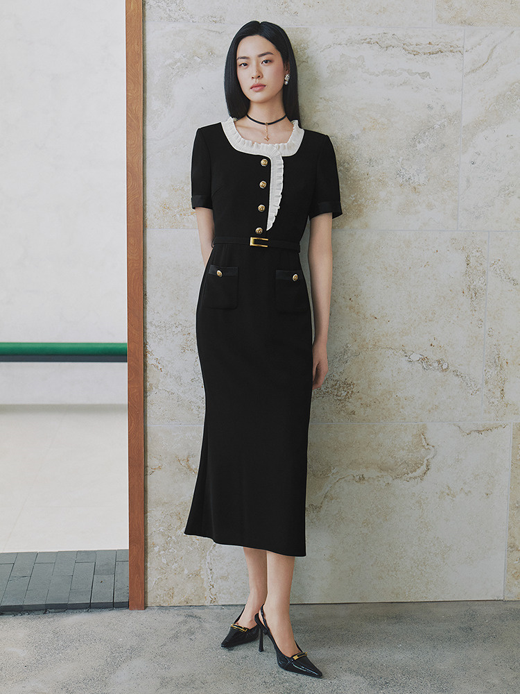 OBBLIGATO奥丽嘉朵2026夏季新款三醋酸木耳边收腰系带通勤连衣裙1C66205330