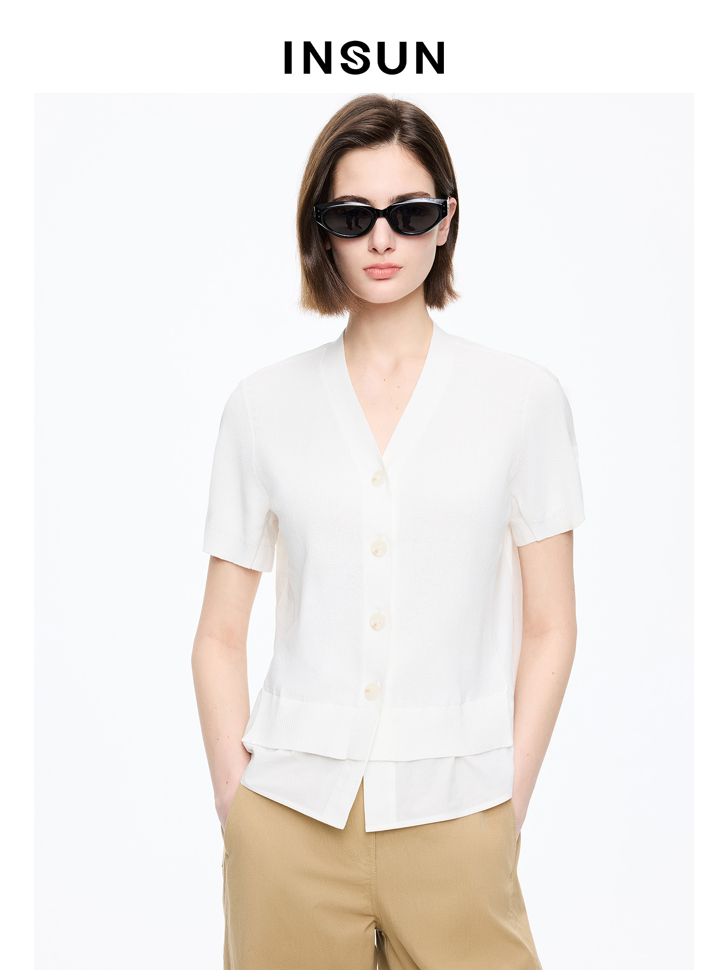 INSUN恩裳专选2026夏季V领假两件拼接100%棉短袖针织开衫9C66206080