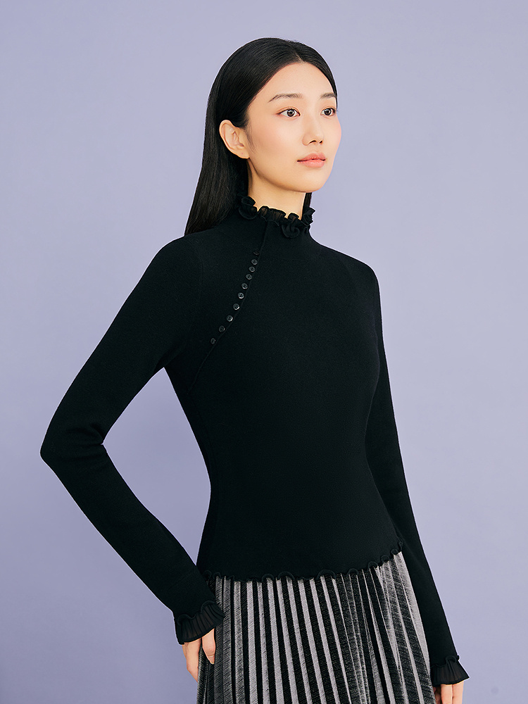 YINER音儿专选2026冬季新款新中式木耳花边半高领羊毛混纺针织衫8A66506436