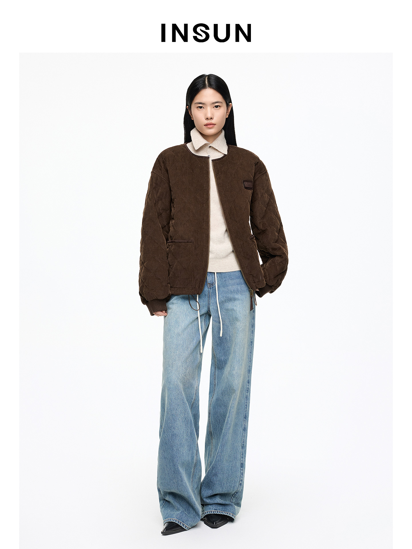 INSUN恩裳专选2026春季复古松弛感绒朵菱格短外套9C66108620