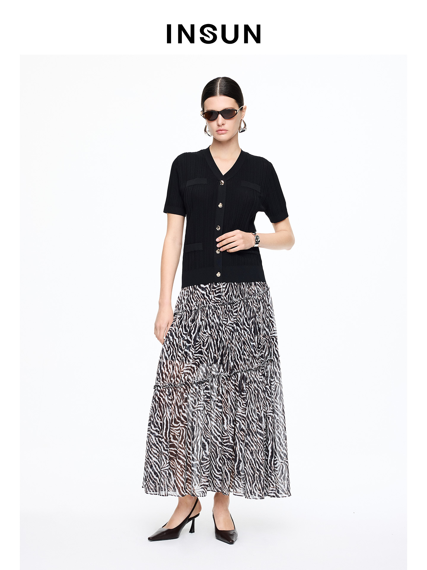 INSUN恩裳专选2026夏季V领小香风显瘦短袖针织衫9C66206070