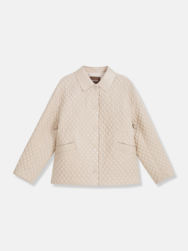 YINER音儿专选2026春季新款时尚翻领落肩袖菱格纹羊皮真皮棉服8C66109136