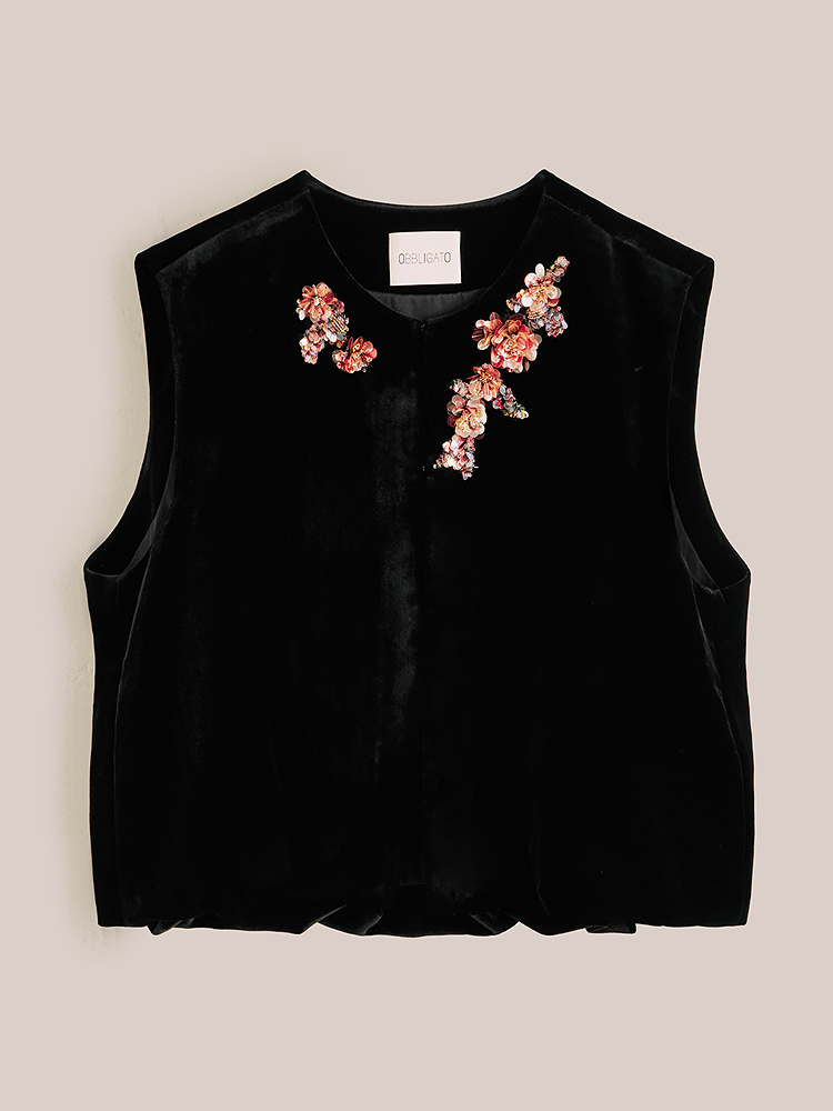 OBBLIGATO奥丽嘉朵2026春季新款立绒手工钉珠绣花真丝丝绒马甲1C36101070