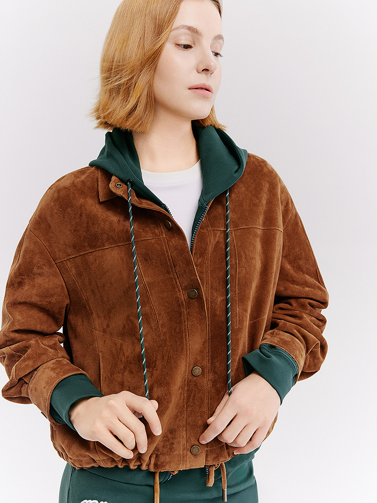 XII BASKET十二篮26春新款复古经典设计时尚棕色翻领羊皮短款夹克7C36109010