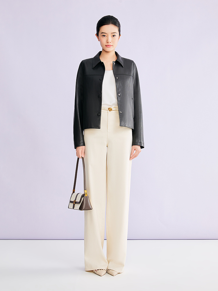 YINER音儿专选2026春季新款法式时尚翻领羊皮革真皮皮衣夹克外套